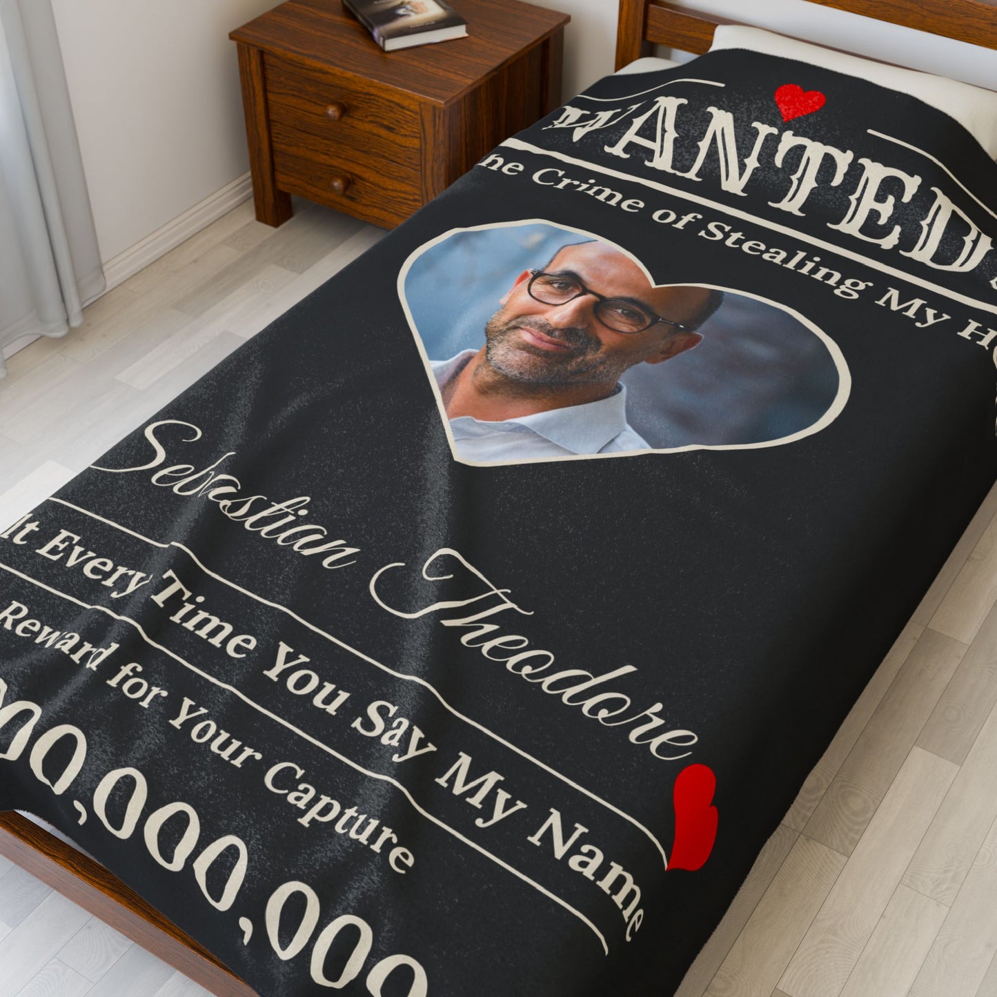 Personalized “WANTED” Love Soft Velveteen or Sherpa Blanket – Custom Photo, Name & Why Reward Poster