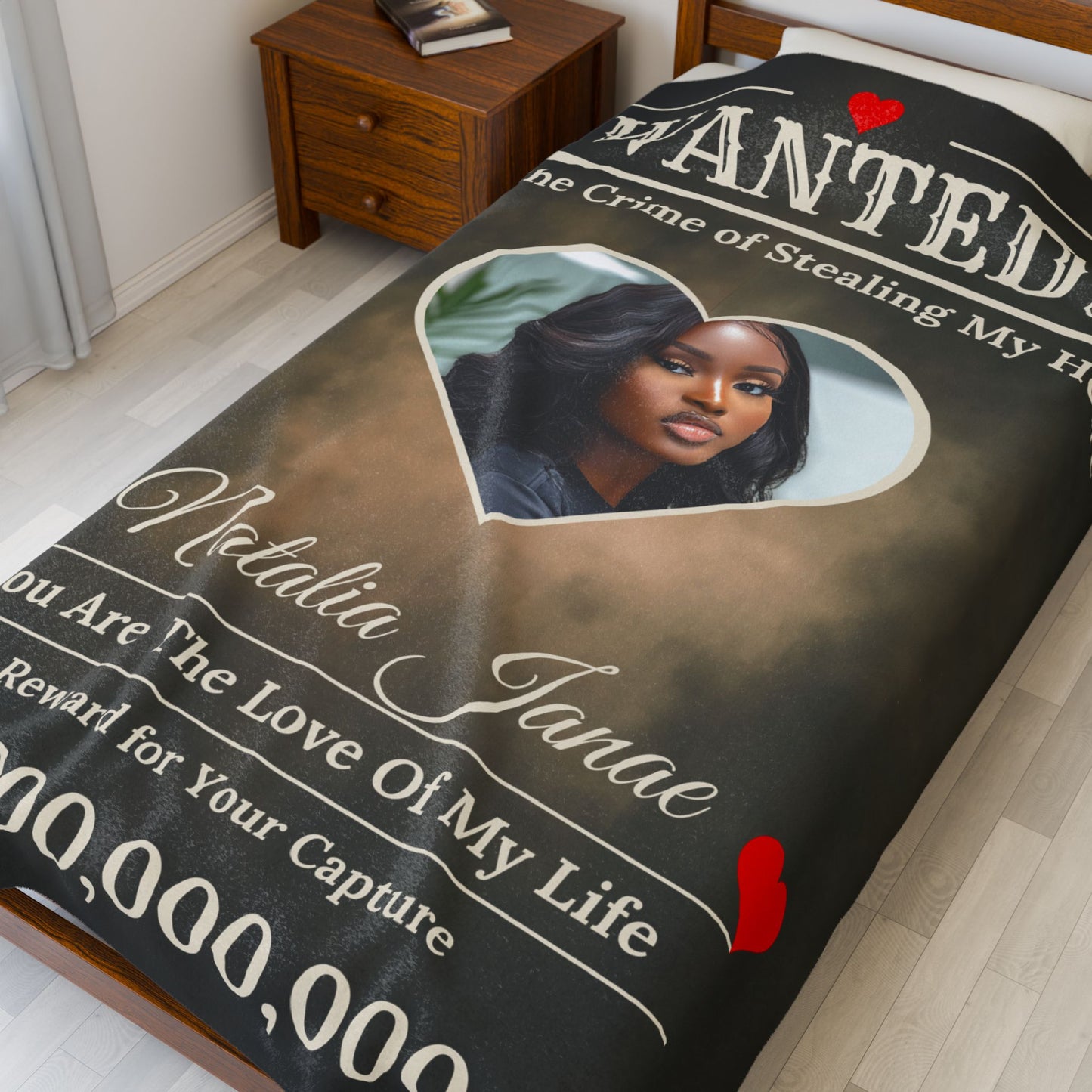 Personalized “WANTED” Love Soft Velveteen or Sherpa Blanket – Custom Photo, Name & Why Reward Poster