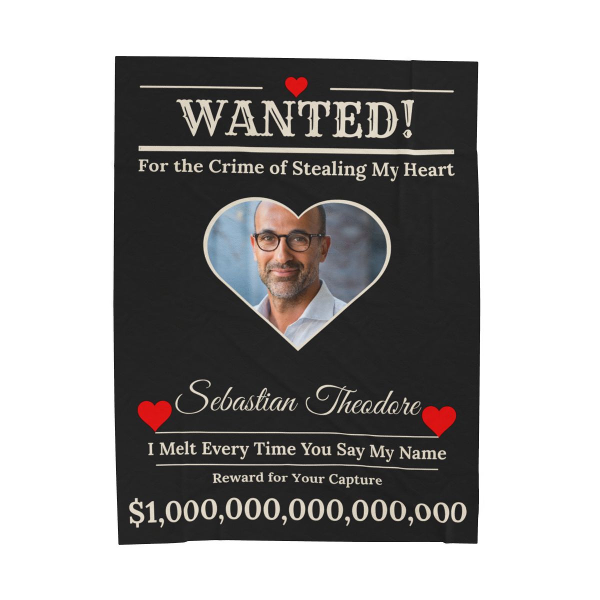 Personalized “WANTED” Love Soft Velveteen or Sherpa Blanket – Custom Photo, Name & Why Reward Poster