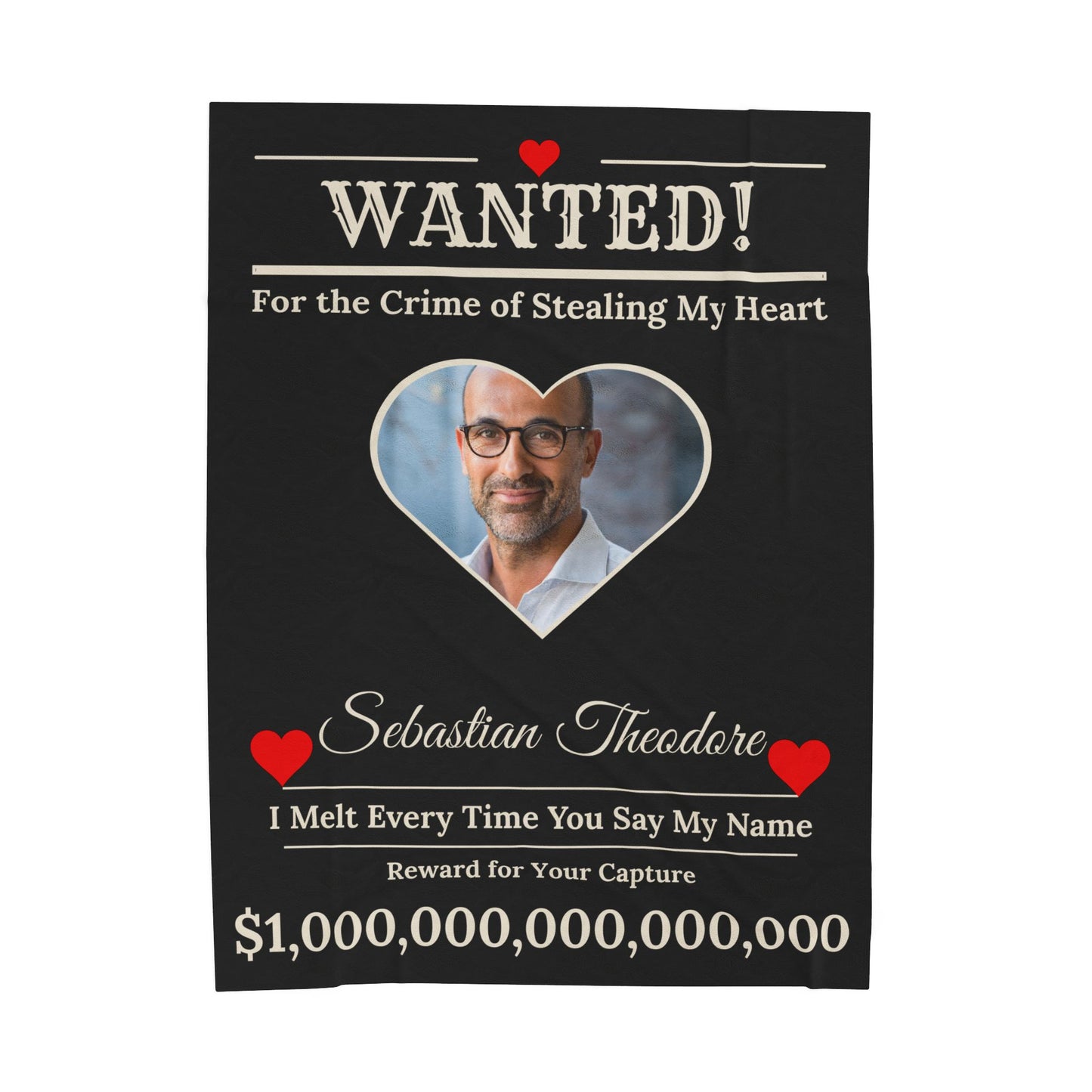 Personalized “WANTED” Love Soft Velveteen or Sherpa Blanket – Custom Photo, Name & Why Reward Poster