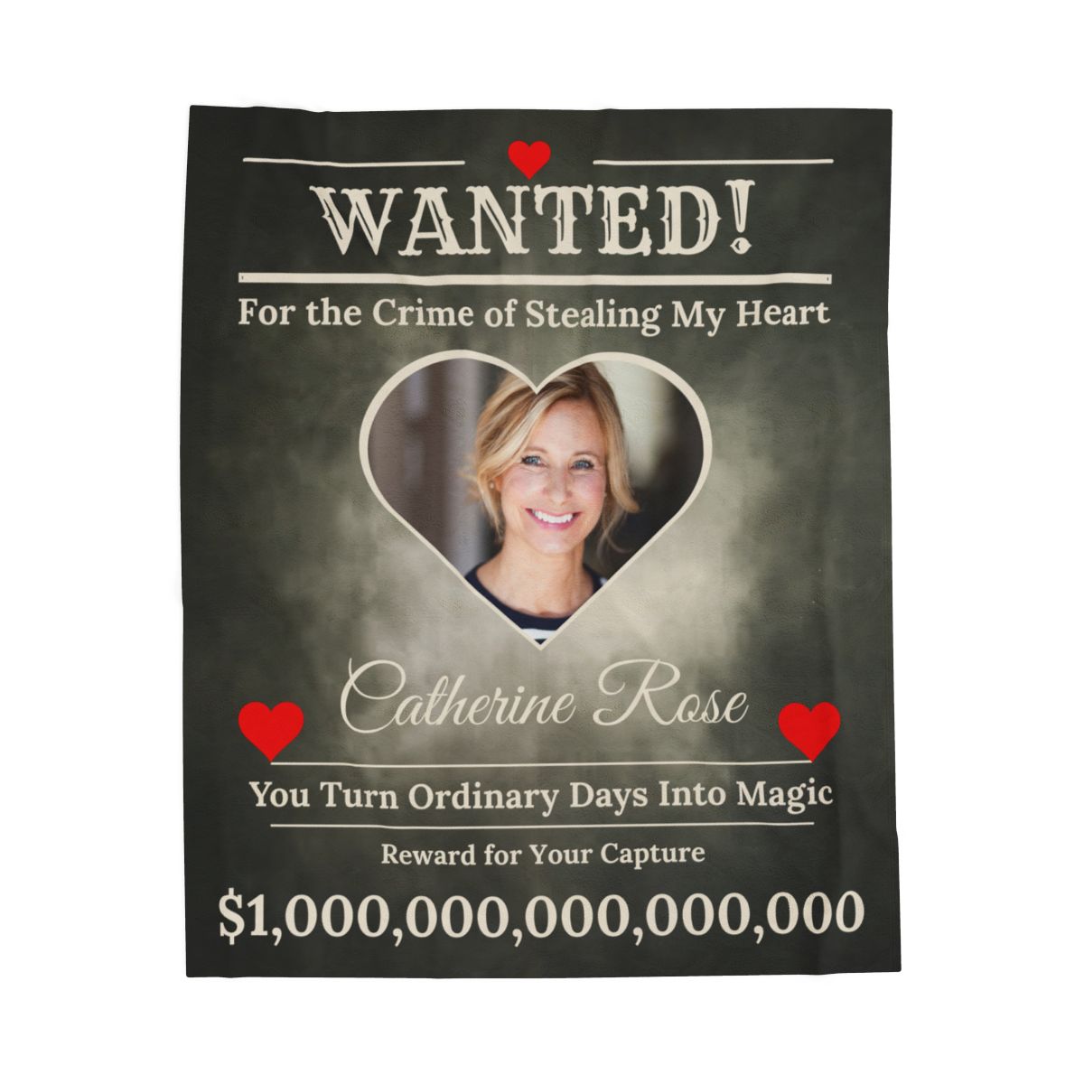 Personalized “WANTED” Love Soft Velveteen or Sherpa Blanket – Custom Photo, Name & Why Reward Poster