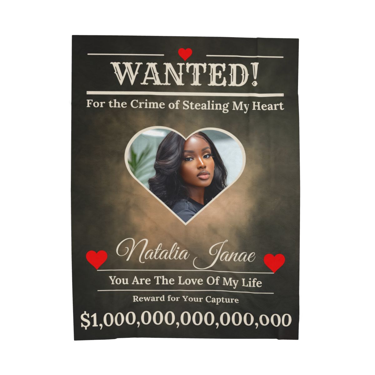Personalized “WANTED” Love Soft Velveteen or Sherpa Blanket – Custom Photo, Name & Why Reward Poster