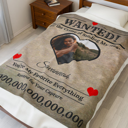 Personalized “WANTED” Love Soft Velveteen or Sherpa Blanket – Custom Photo, Name & Why Reward Poster