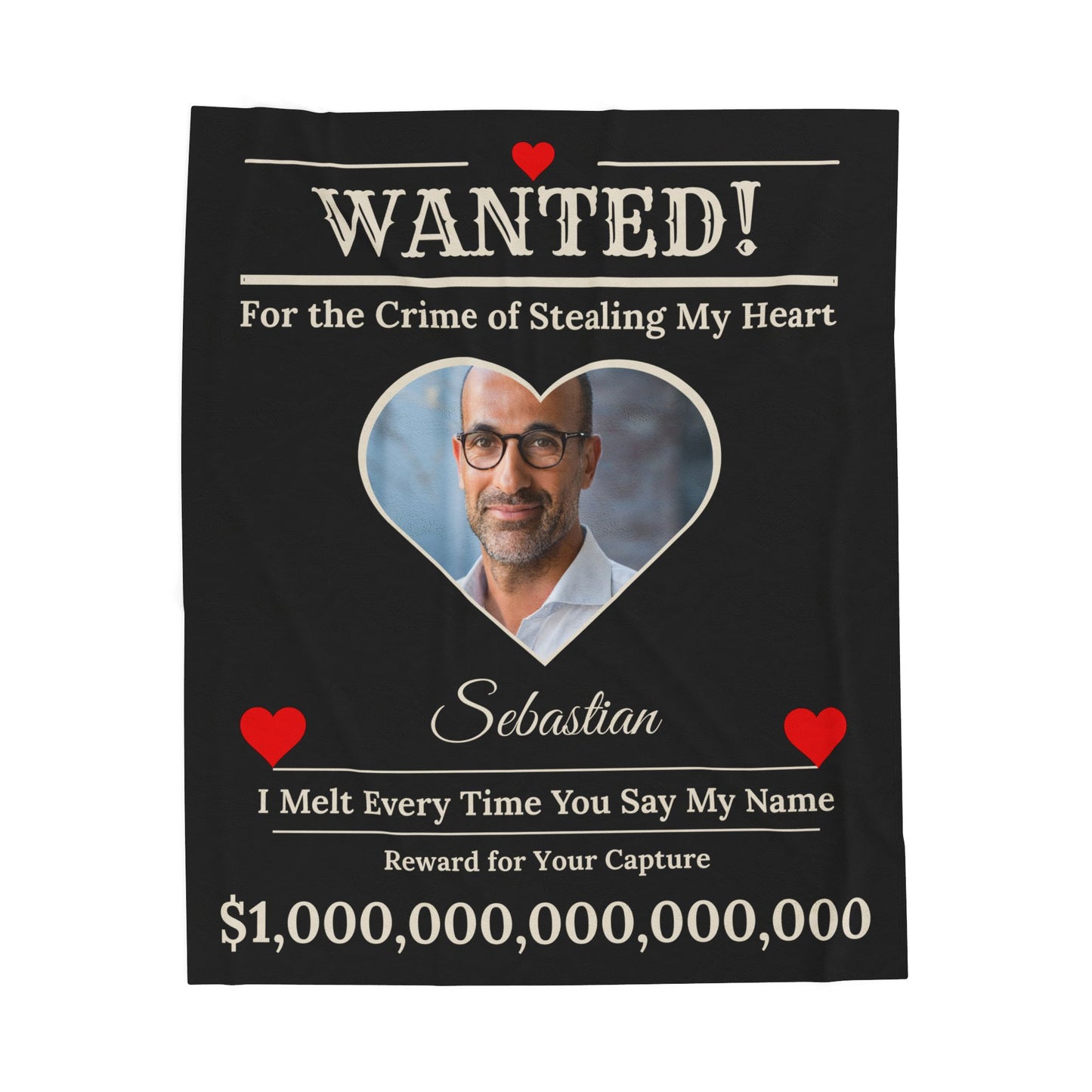Personalized “WANTED” Love Soft Velveteen or Sherpa Blanket – Custom Photo, Name & Why Reward Poster