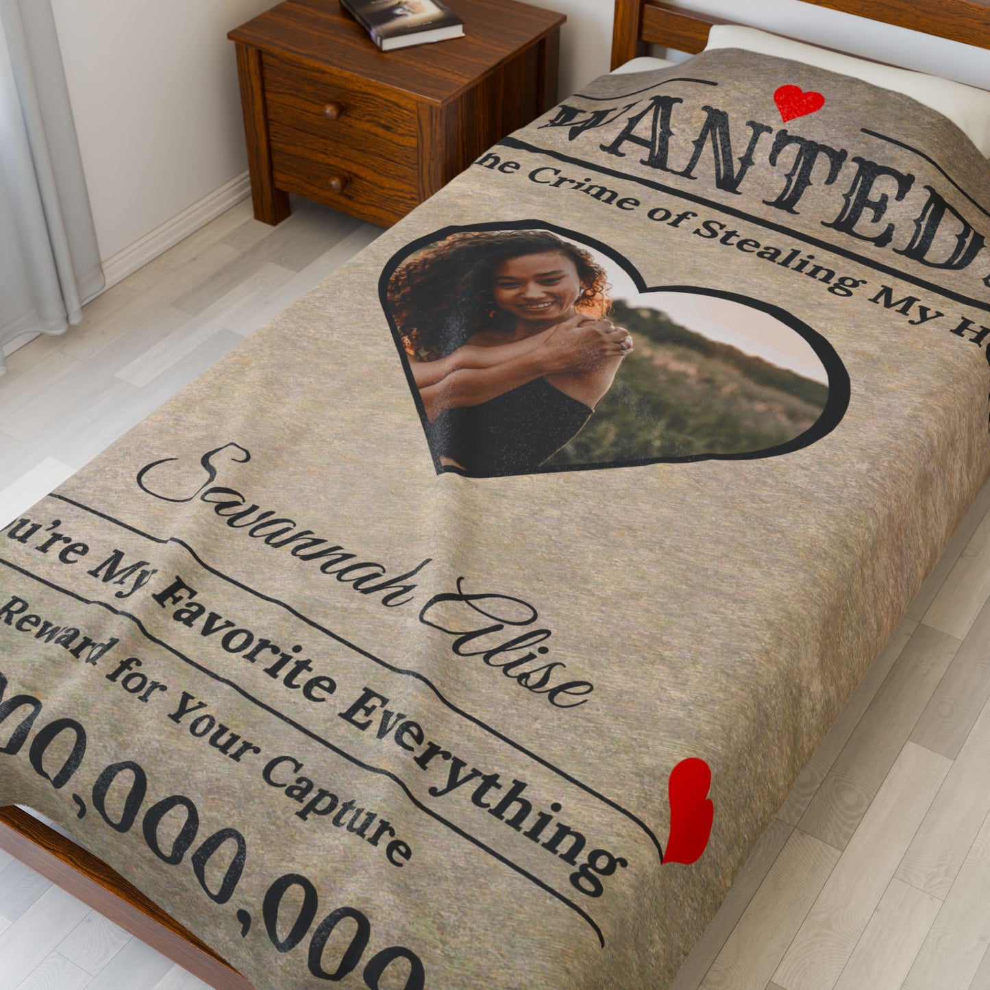 Personalized “WANTED” Love Soft Velveteen or Sherpa Blanket – Custom Photo, Name & Why Reward Poster