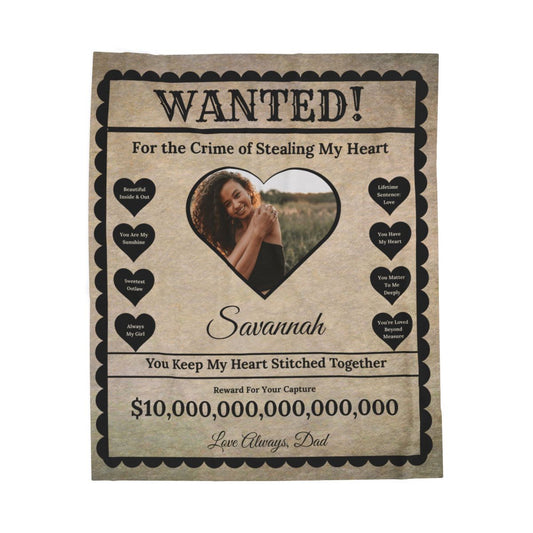 Gift for Favorite Girl - Personalized “WANTED” Reward Poster Blanket - Soft Velveteen or Sherpa Blanket in 2 Sizes/5 Colors